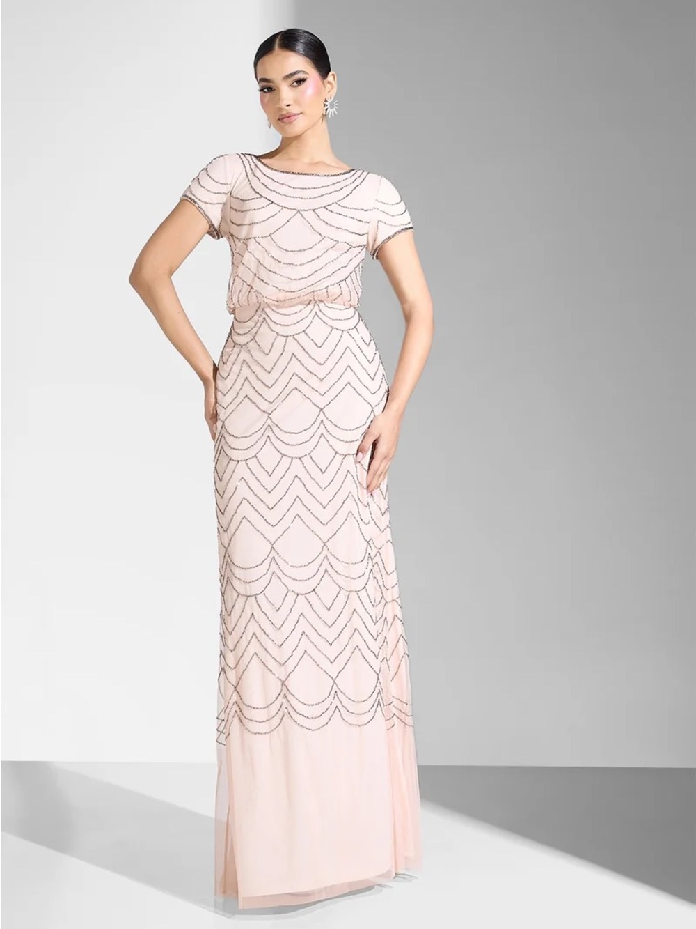 Adrianna Papell Blush Beaded Scallop Maxi Dress